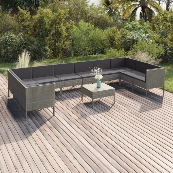 vidaXL Salon de jardin 11 pcs avec coussins R&eacute;sine tress&eacute;e Gris