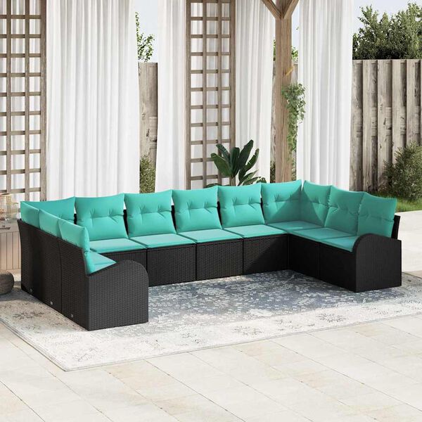 vidaXL Ensemble de canap&eacute; de jardin 11 pcs Noir et turquoise polyrotin