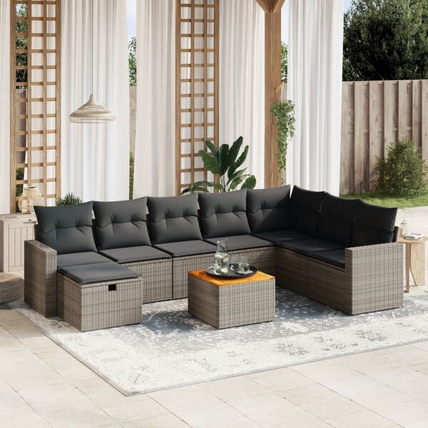 vidaXL Salon de jardin 9 pcs avec coussins gris résine tressée