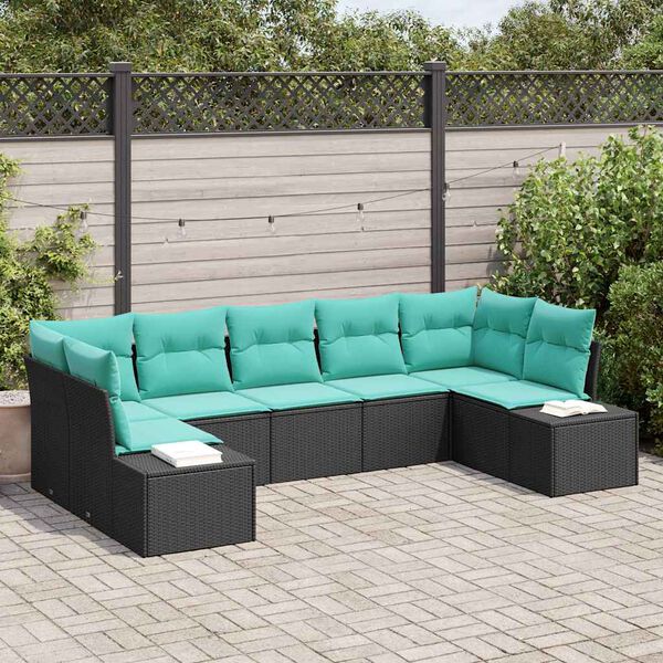 vidaXL Ensemble de canap&eacute; de jardin 7 pcs Noir et turquoise Poly rotin