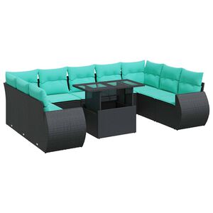 vidaXL Salon de jardin 10 pcs avec coussins noir r&eacute;sine tress&eacute;e acacia