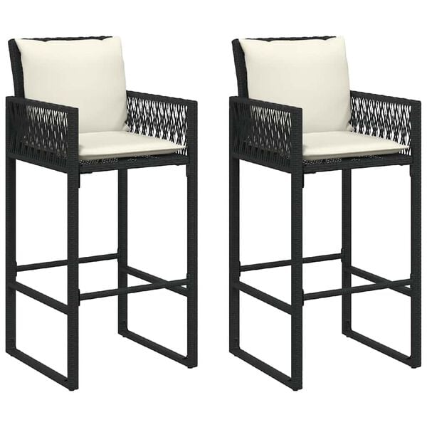 vidaXL Tabourets de bar jardin coussins lot de 2 noir r&eacute;sine tress&eacute;e