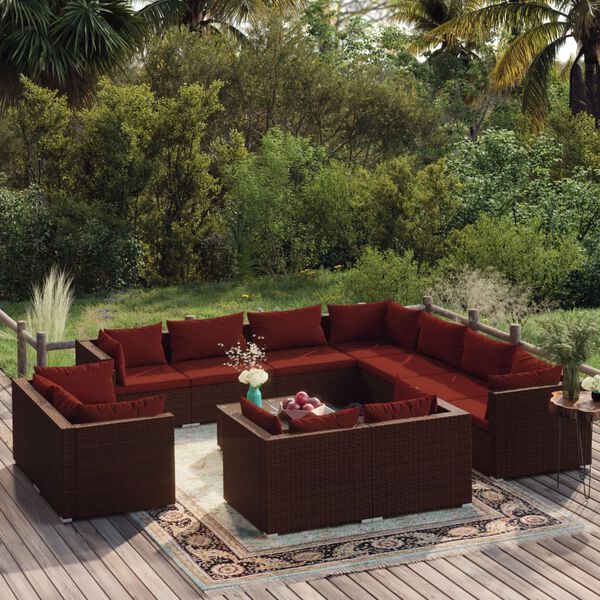 vidaXL Salon de jardin 12 pcs avec coussins Marron R&eacute;sine tress&eacute;e