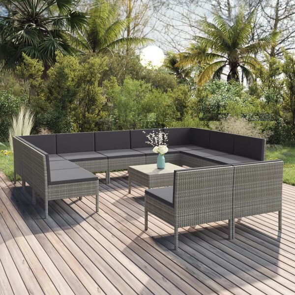 vidaXL Salon de jardin 12 pcs avec coussins R&eacute;sine tress&eacute;e Gris