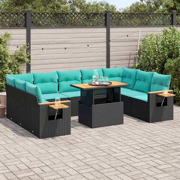 vidaXL Salon de jardin 10 pcs avec coussins noir r&eacute;sine tress&eacute;e acacia