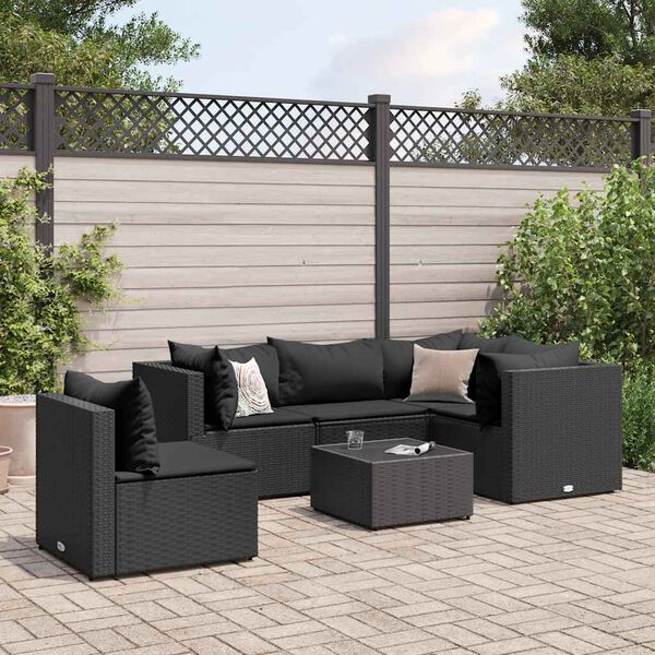 vidaXL Salon de jardin 6 pcs avec coussins Noir R&eacute;sine tress&eacute;e
