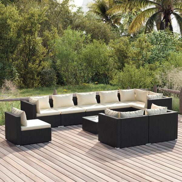 vidaXL Salon de jardin 10 pcs avec coussins R&eacute;sine tress&eacute;e Noir