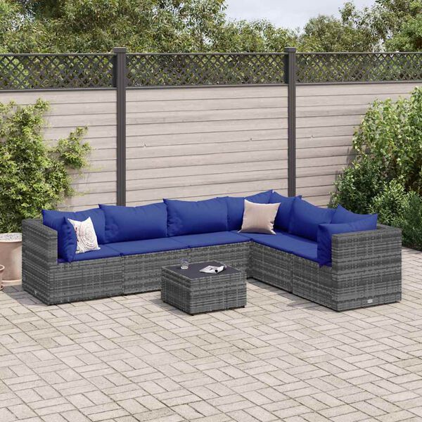 vidaXL Salon de jardin 7 pcs avec coussins Gris R&eacute;sine tress&eacute;e
