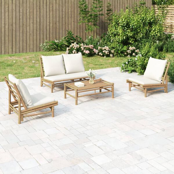 vidaXL Salon de jardin 4 pcs avec coussins blanc cr&egrave;me bambou