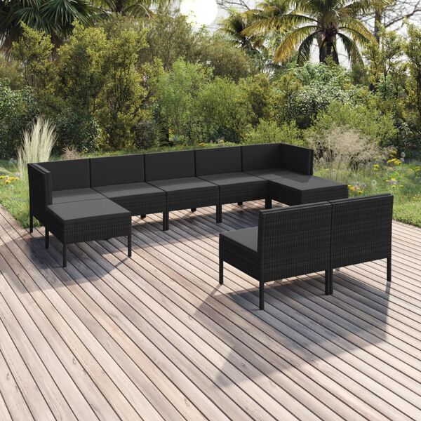 vidaXL Salon de jardin 9 pcs avec coussins R&eacute;sine tress&eacute;e Noir