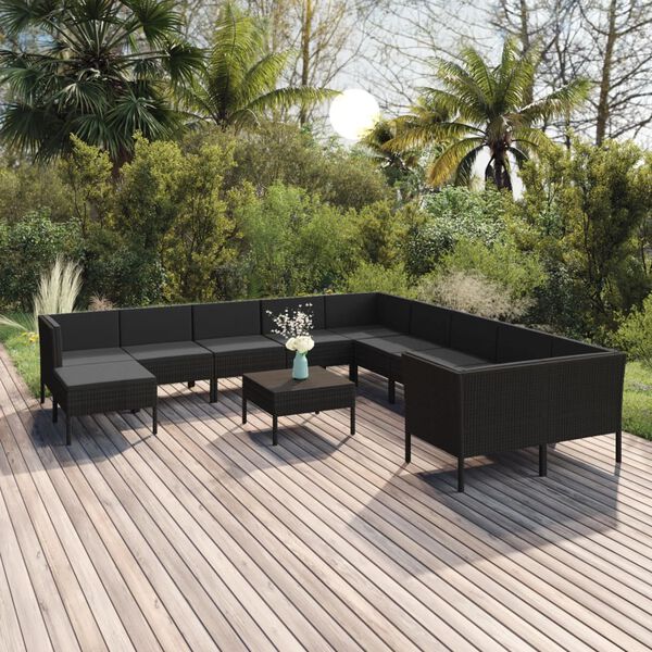 vidaXL Salon de jardin 12 pcs avec coussins r&eacute;sine tress&eacute;e noir