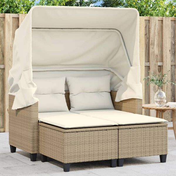 vidaXL Canap&eacute; de jardin 2 places avec auvent et tabourets beige rotin
