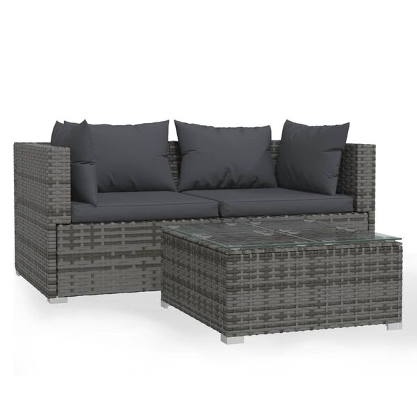 vidaXL Salon de jardin 3 pcs avec coussins Gris R&eacute;sine tress&eacute;e