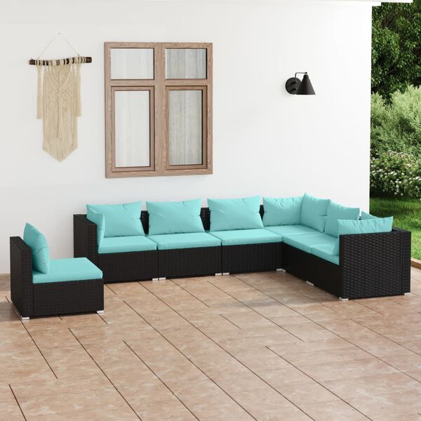 vidaXL Salon de jardin 7 pcs avec coussins R&eacute;sine tress&eacute;e Noir