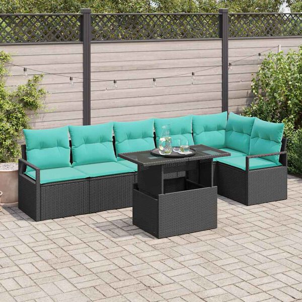 vidaXL Ensemble de canap&eacute; de jardin 7 pcs Noir et Bleu polyrotin