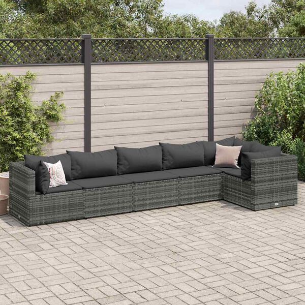 vidaXL Salon de jardin 6 pcs avec coussins Gris R&eacute;sine tress&eacute;e