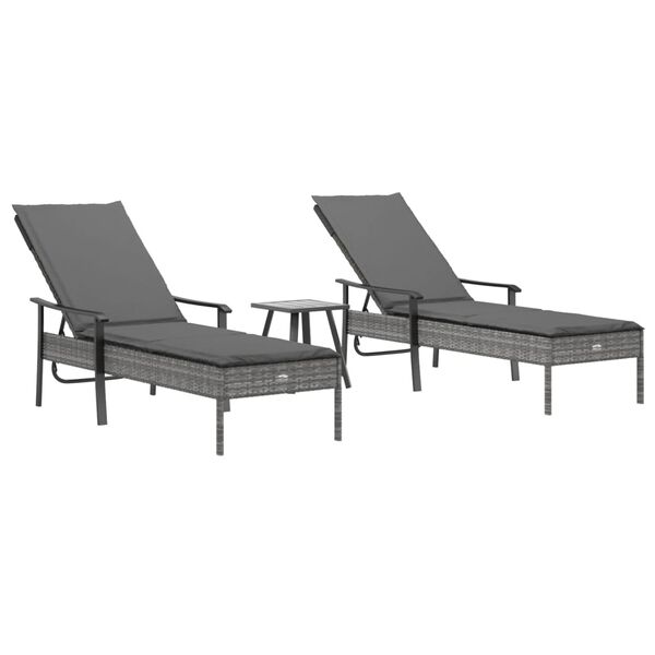vidaXL Chaises longues lot de 2 avec table et coussins gris poly rotin