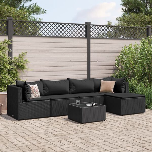 vidaXL Salon de jardin 6 pcs avec coussins Noir R&eacute;sine tress&eacute;e