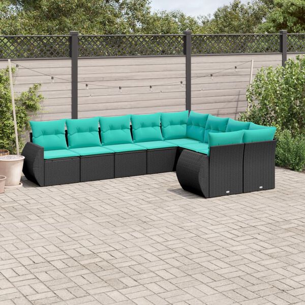 vidaXL Salon de jardin 9 pcs avec coussins noir r&eacute;sine tress&eacute;e