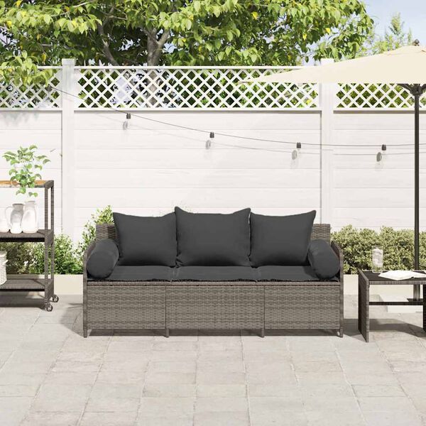 vidaXL Canap&eacute; de jardin avec coussins 3 places gris r&eacute;sine tress&eacute;e