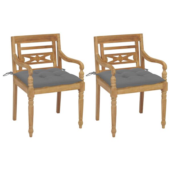 vidaXL Chaises Batavia lot de 2 avec coussins gris Bois de teck massif