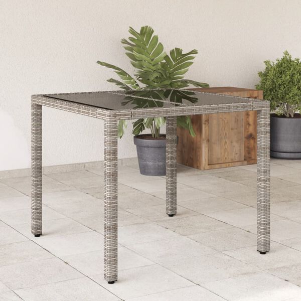 vidaXL Table de jardin dessus en verre Gris 90x90x75 cm R&eacute;sine tress&eacute;e