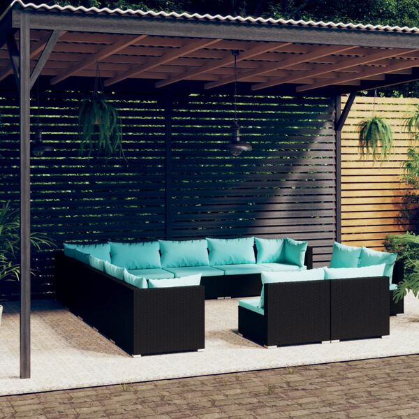 vidaXL Salon de jardin 13 pcs avec coussins Noir R&eacute;sine tress&eacute;e
