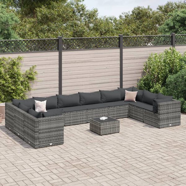 vidaXL Salon de jardin 11 pcs avec coussins Gris R&eacute;sine tress&eacute;e