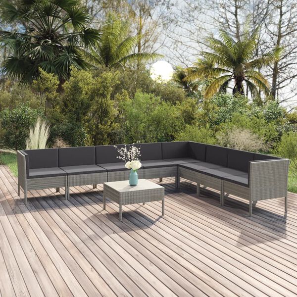 vidaXL Salon de jardin 9 pcs avec coussins R&eacute;sine tress&eacute;e Gris