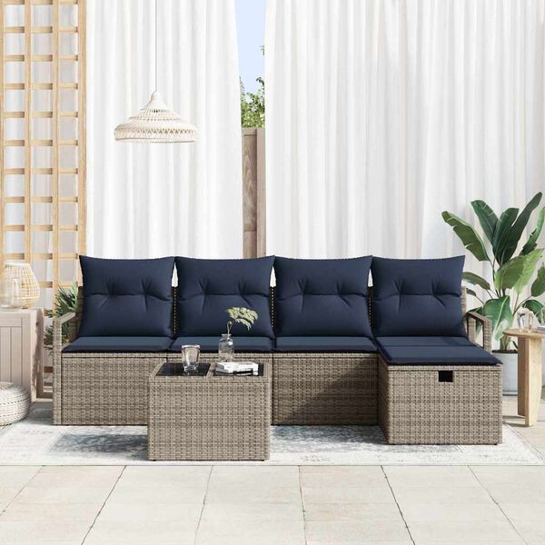 vidaXL Ensemble de Canap&eacute;s avec coussin Gris et marine polyrotin