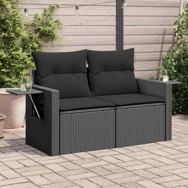 vidaXL Canap&eacute; de jardin avec coussins 2 places noir r&eacute;sine tress&eacute;e