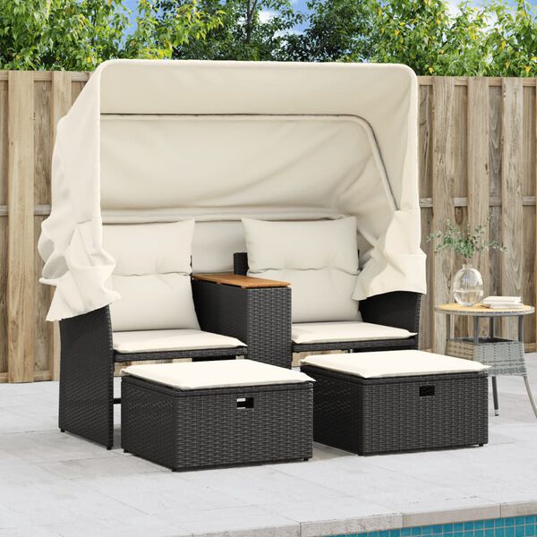 vidaXL Canap&eacute; de jardin 2 places avec auvent et tabourets noir rotin