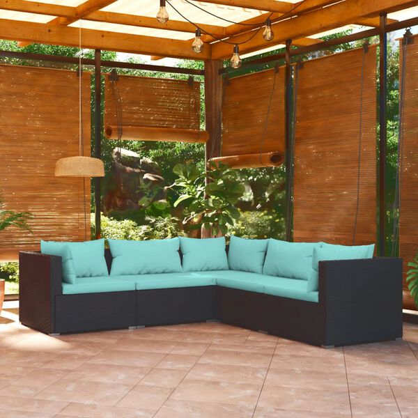 vidaXL Salon de jardin 5 pcs avec coussins R&eacute;sine tress&eacute;e Noir