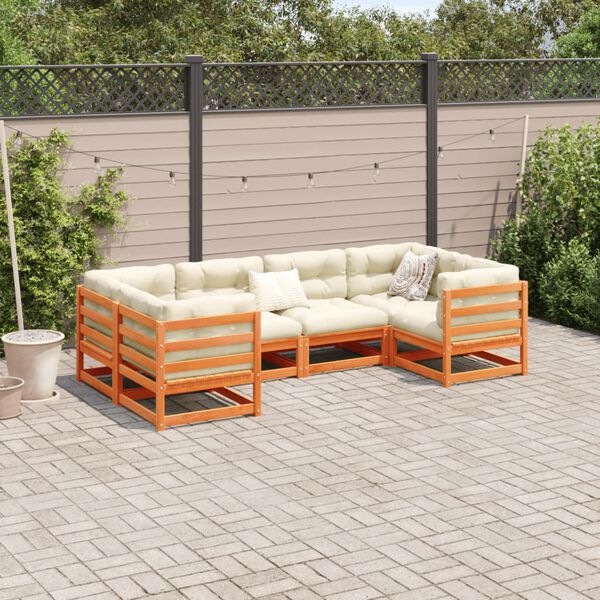 vidaXL Salon de jardin 6 pcs avec coussins cire marron bois pin massif