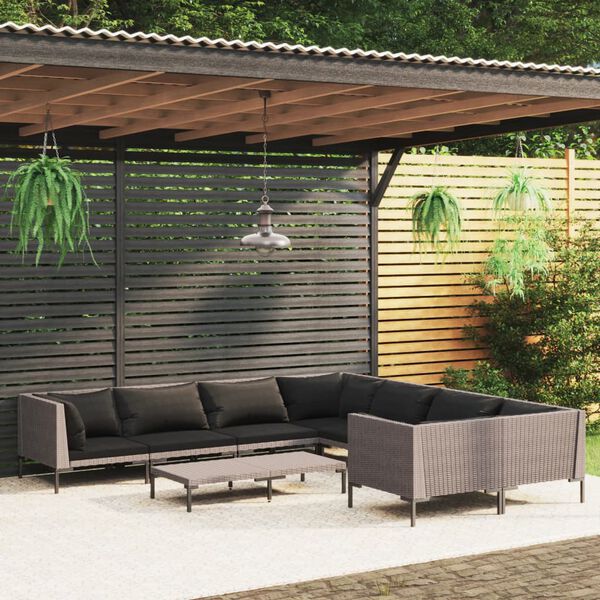 vidaXL Salon de jardin 9 pcs avec coussins R&eacute;sine tress&eacute;e Gris fonc&eacute;