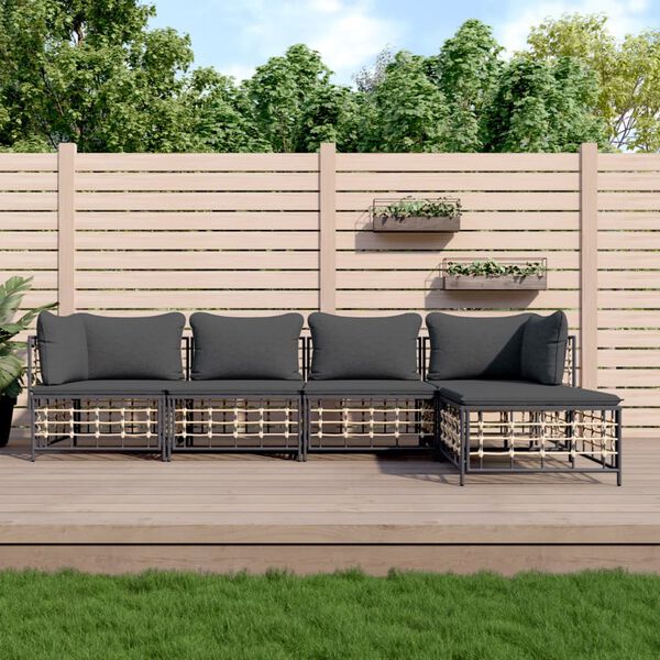 vidaXL Salon de jardin 5 pcs avec coussins anthracite r&eacute;sine tress&eacute;e