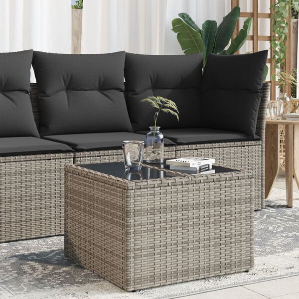 vidaXL Table de jardin dessus en verre gris 55x55x37 cm r&eacute;sine tress&eacute;e