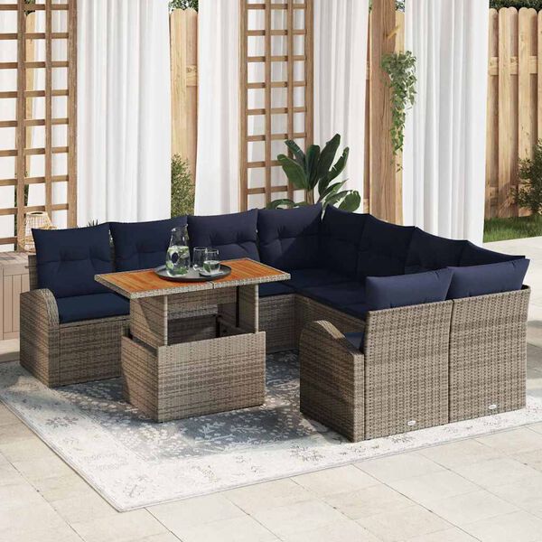 vidaXL Ensemble de canap&eacute; de jardin 9 pcs gris et bleu marine