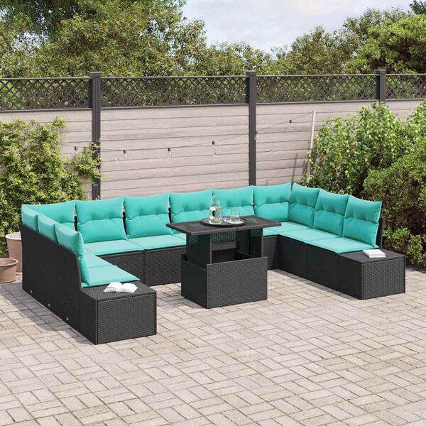 vidaXL Ensemble de canap&eacute; de jardin 11 pcs Noir et Bleu polyrotin