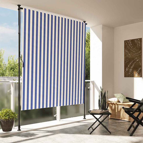 vidaXL Store roulant d'ext&eacute;rieur bleu et blanc 150x270 cm tissu acier
