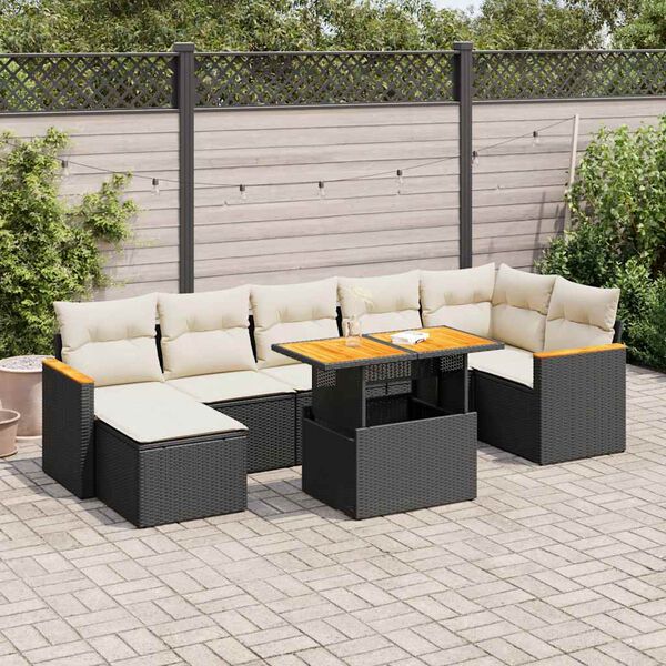 vidaXL Salon de jardin avec coussins 8 pcs noir r&eacute;sine tress&eacute;e acacia