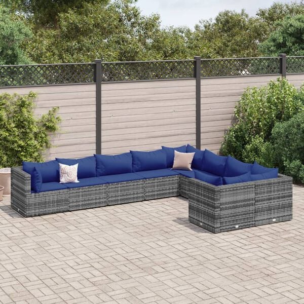 vidaXL Salon de jardin 9 pcs avec coussins gris r&eacute;sine tress&eacute;e