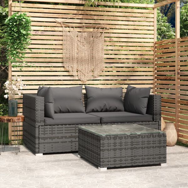 vidaXL Salon de jardin 3 pcs avec coussins Gris R&eacute;sine tress&eacute;e