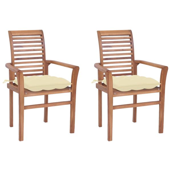vidaXL Chaises &agrave; manger lot de 2 avec coussins blanc cr&egrave;me Bois teck