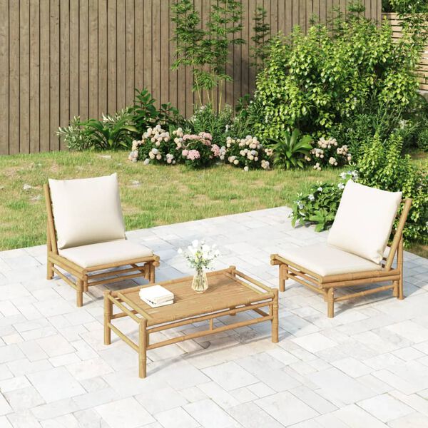vidaXL Salon de jardin 3 pcs avec coussins blanc cr&egrave;me bambou