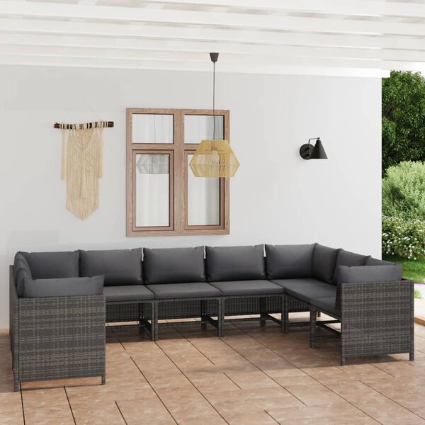 vidaXL Salon de jardin 9 pcs avec coussins R&eacute;sine tress&eacute;e Gris