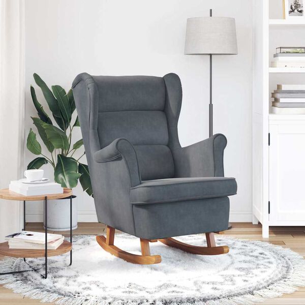 vidaXL Fauteuil &agrave; bascule &agrave; oreilles en velours gris fonc&eacute; bois massif