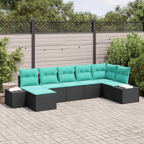 vidaXL Ensemble de canap&eacute; de jardin 7 pcs Noir et turquoise polyrotin