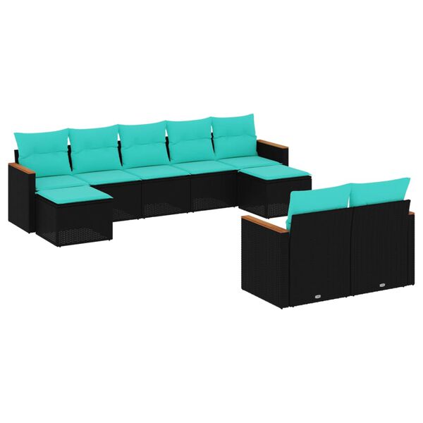 vidaXL Salon de jardin 9 pcs avec coussins noir résine tressée