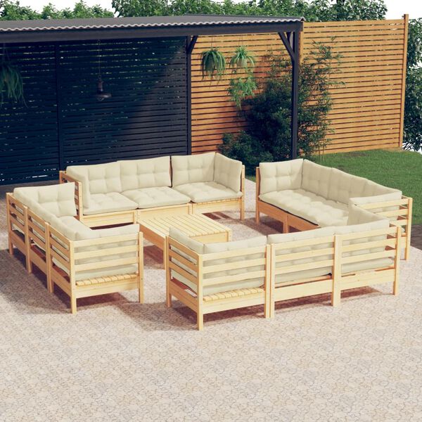 vidaXL Salon de jardin 13 pcs avec coussins crème bois de pin